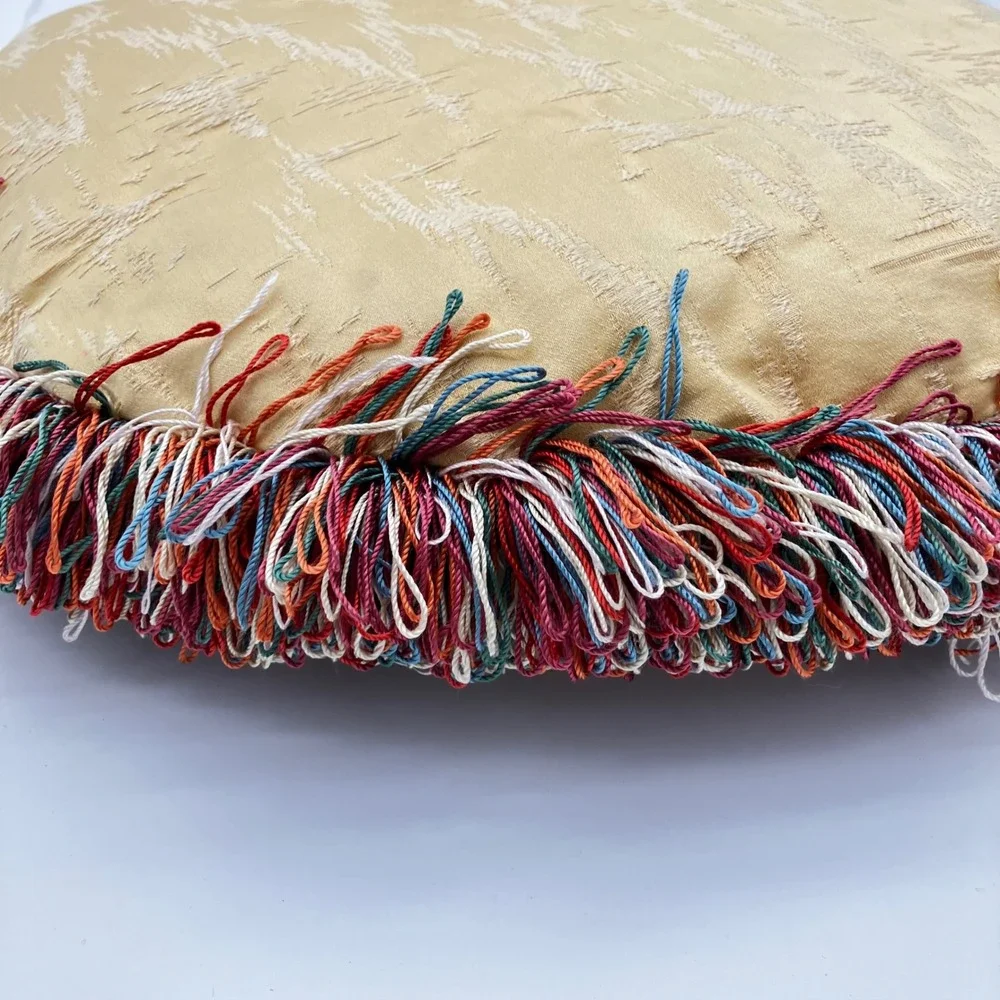 Pair of Vintage Hollywood Regency Round Throw Pillows Gold Brocade Multi Fringe